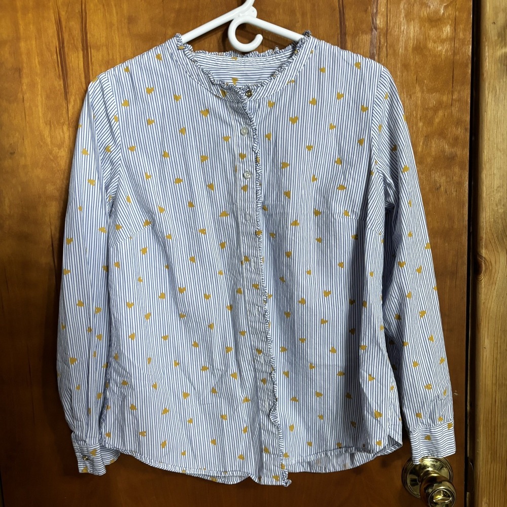 Talbots Shirt Womens Med Blue Striped Heart Print Long Sleeve Button Up Hearts